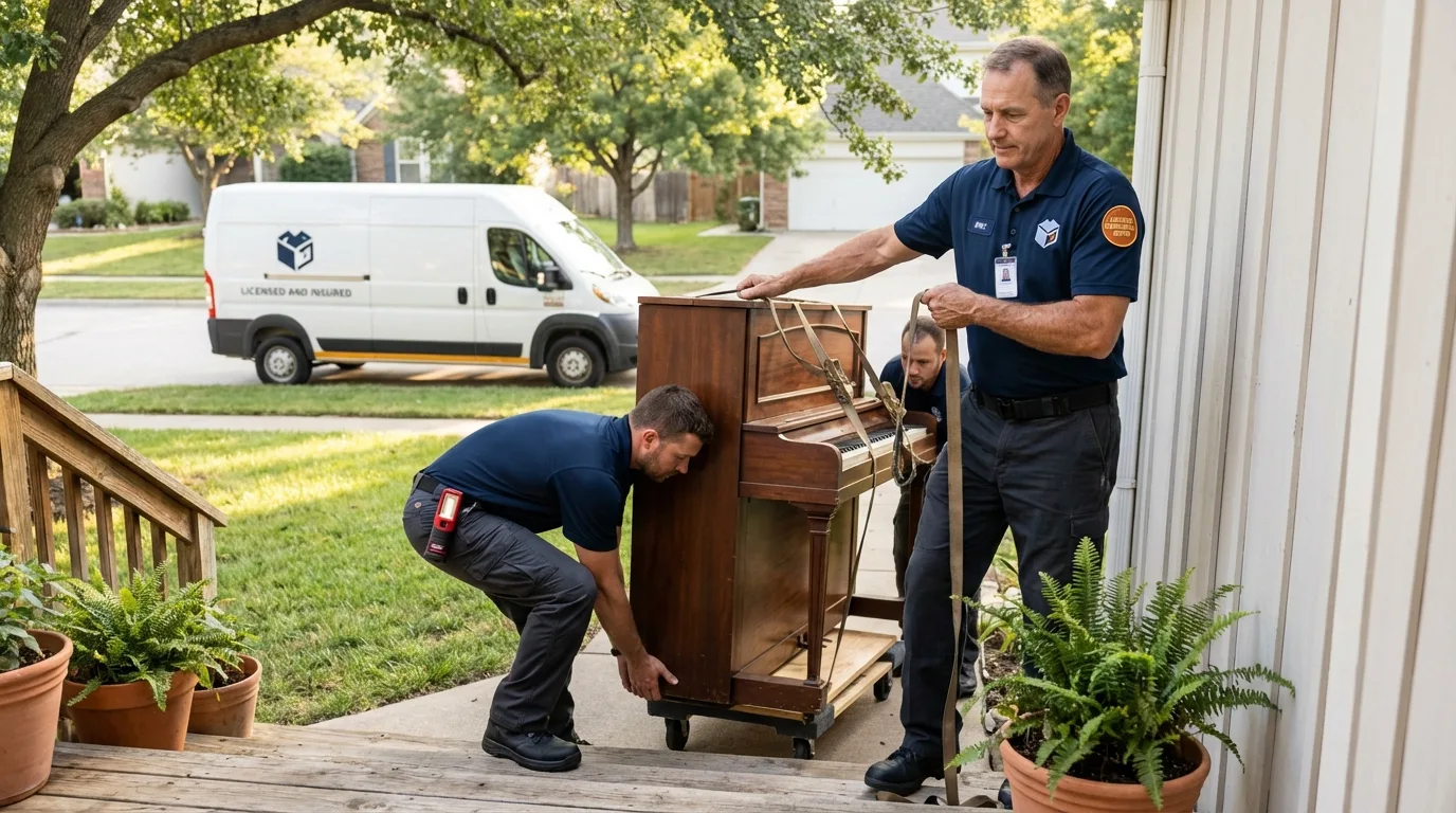 Licensed piano movers securing grand piano in New Ipswich, NH