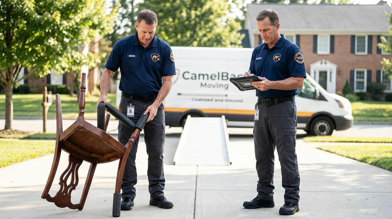 Movers inspecting furniture for damage prevention before loading in New Ipswich, NH