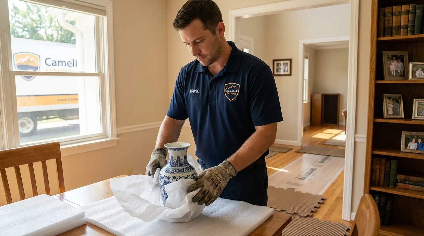Professional crew carefully wrapping antique vase for senior downsizing move in New Ipswich, NH