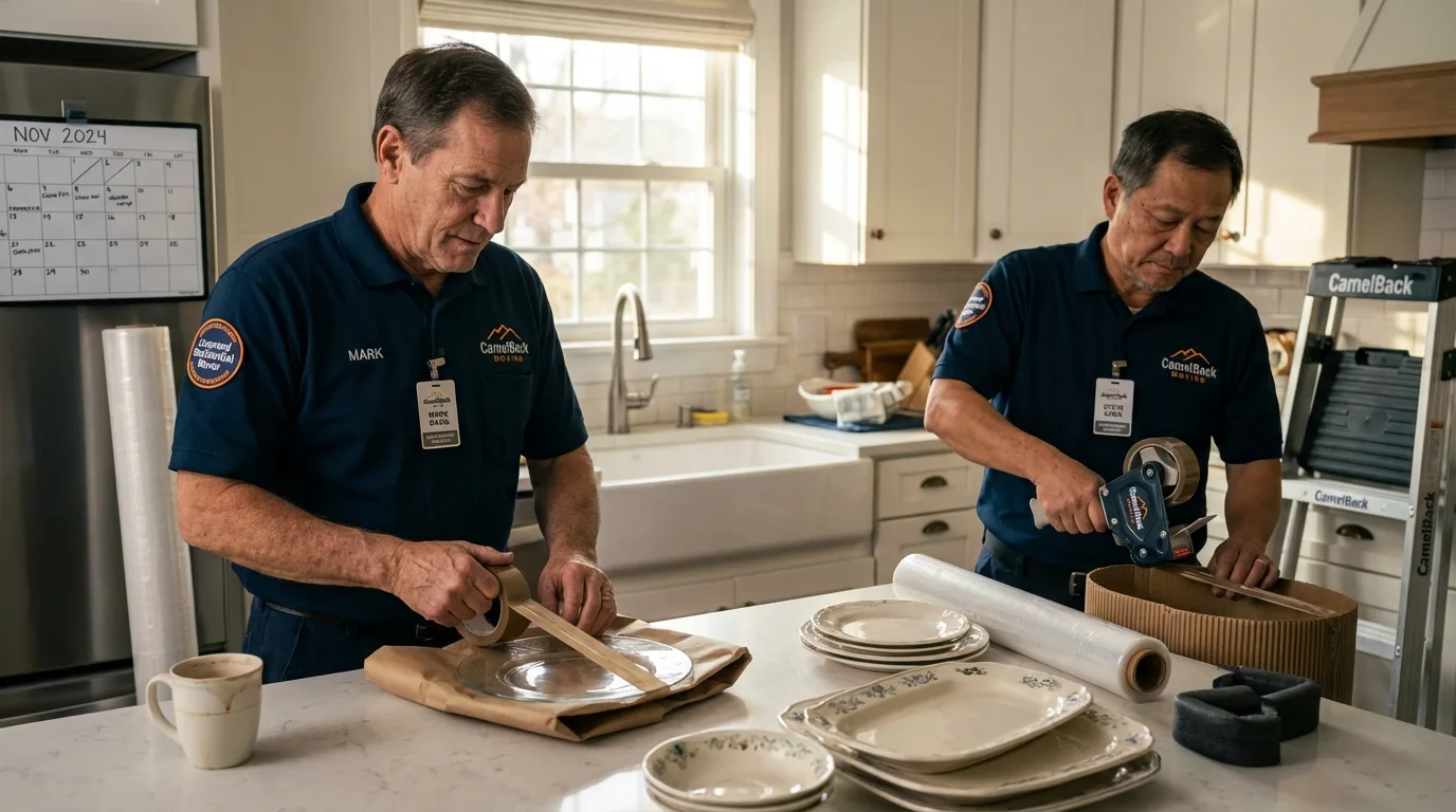 Professional crew packing kitchen dishware in New Ipswich, NH